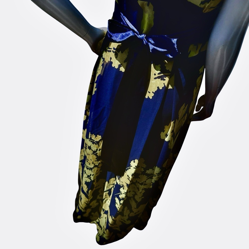 Marchesa Notte Maxi Dress 4 Navy Blue Yellow Flutter Bohemian Luxe Wedding Guest - Picture 9 of 16